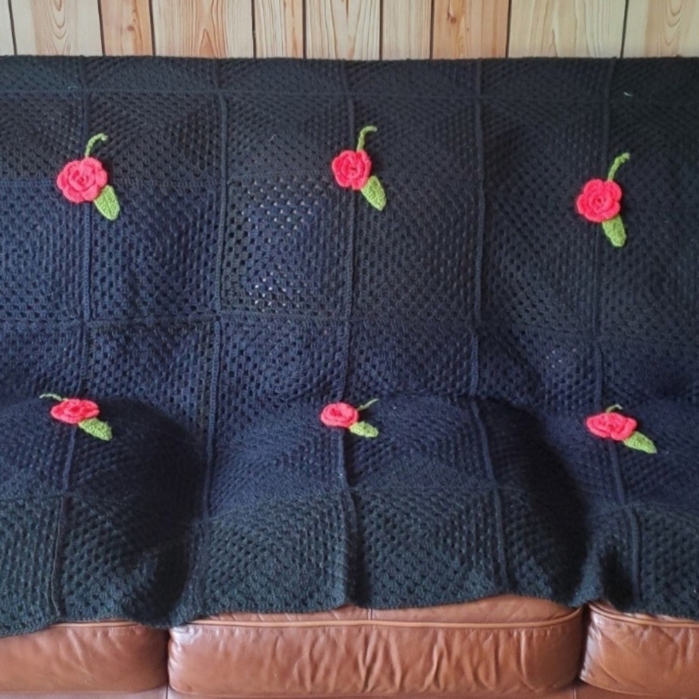 Early 1990's Crocheted Afghan, Red Flower on Black for floor or furniture